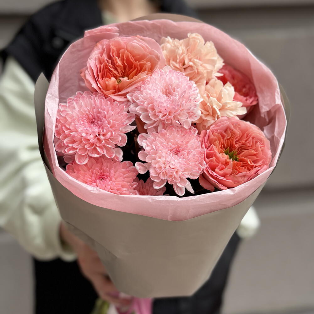 Букет «Лайла» с розой мандарин 🎀 Диантусами🌸 хризантемой сорта «Алтай»🌿♥️
