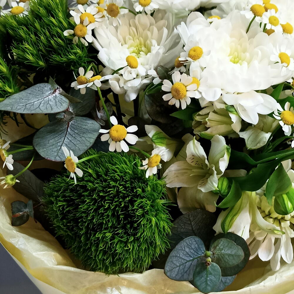 Букет из хризантемы, зелёных гвоздик и ромашек
