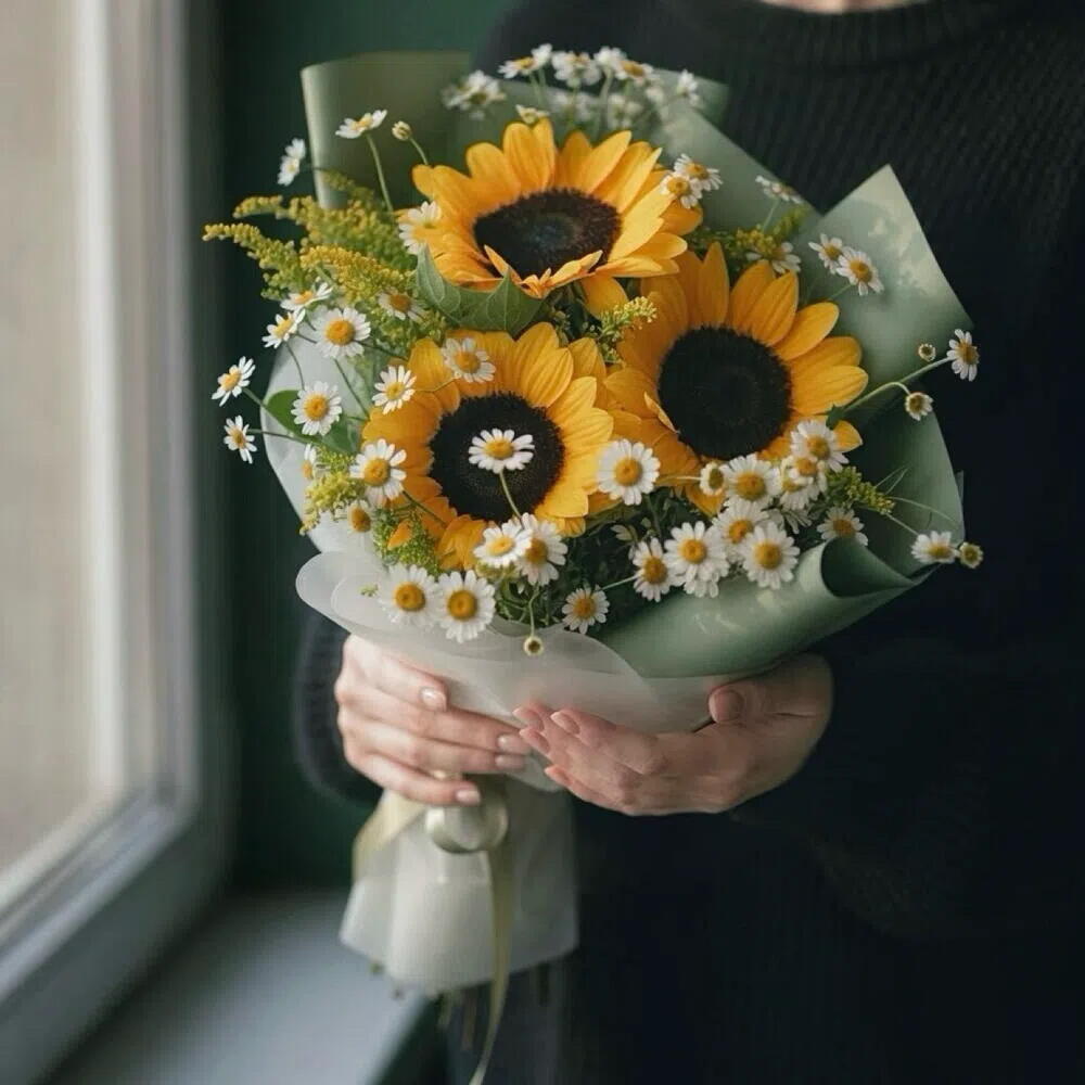 🌻Минималистичный букет из подсолнухов и ромашек 008