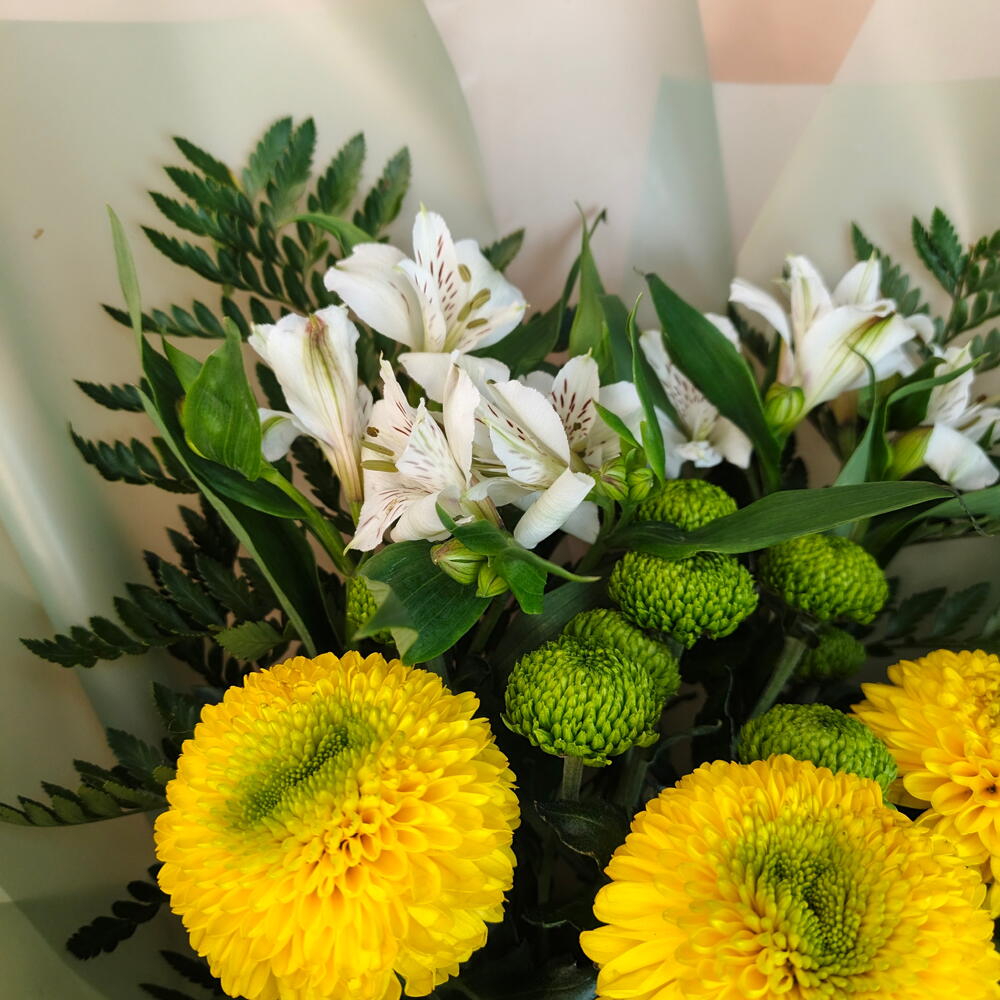 Букет комплимент с хризантемой и альстральсромерией 💛💚🤍