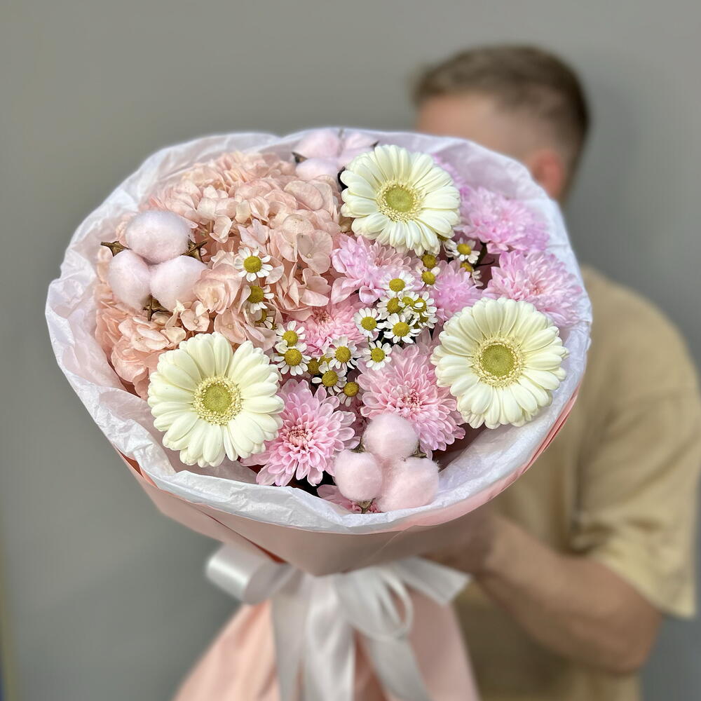 Букет «Вторая весна💕» с гортензией, герберой, ромашкой, хризантемой , хлопком