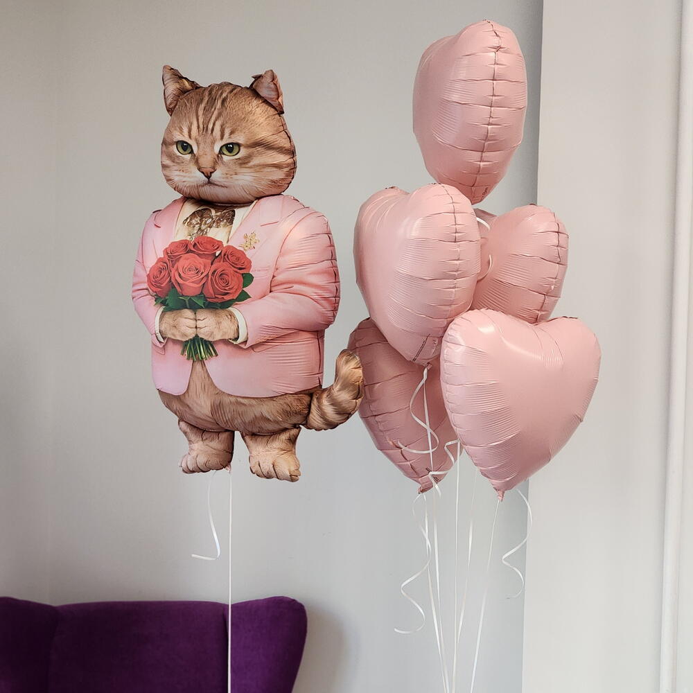 Шары девушке с котом, кот с цветами