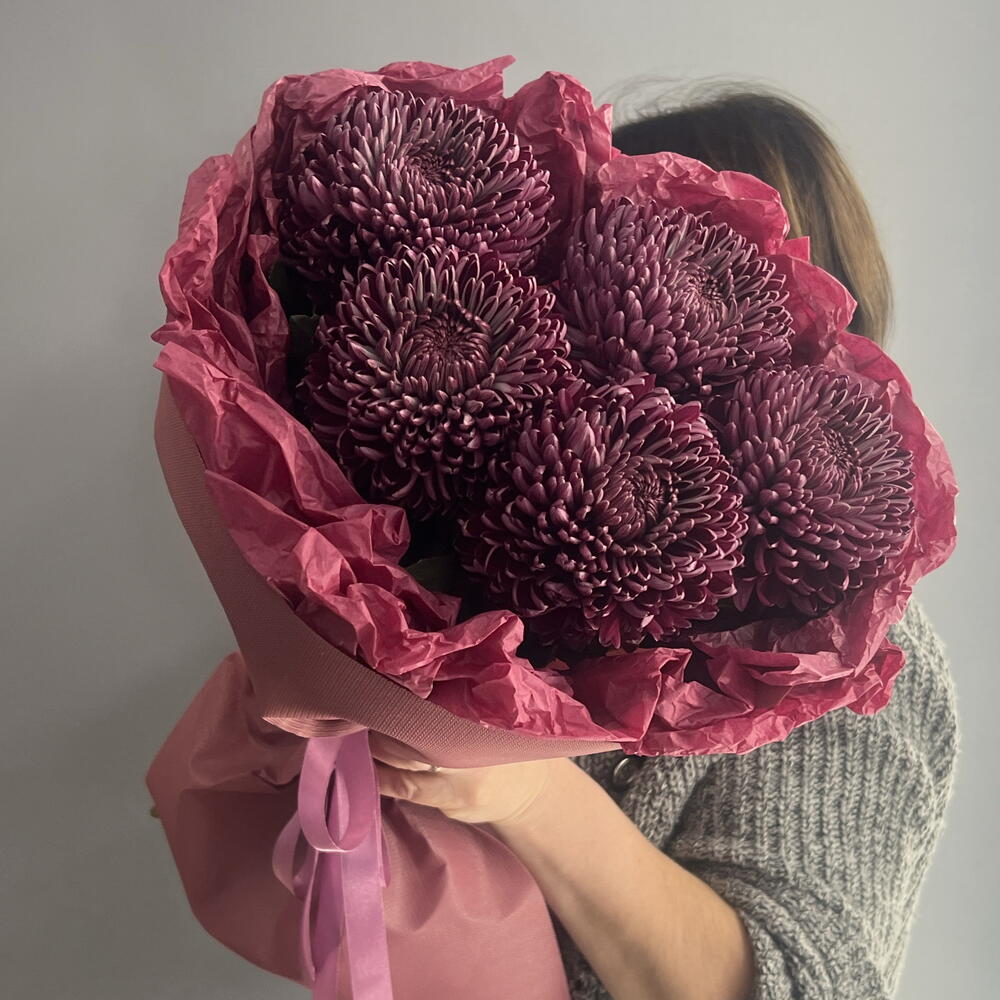 Монобукет изысканный 💜 хризантема одиночная Бигуди 💜💜💜 5 шт