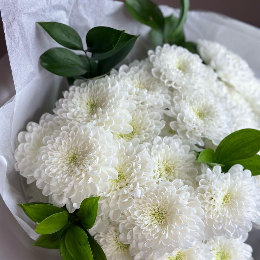 Букет из белых хризантем и рускуса