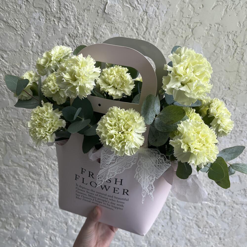 Стойкие , нежные салатовые диантусы с ароматным эвкалиптом в сумочке «Fresh flower»