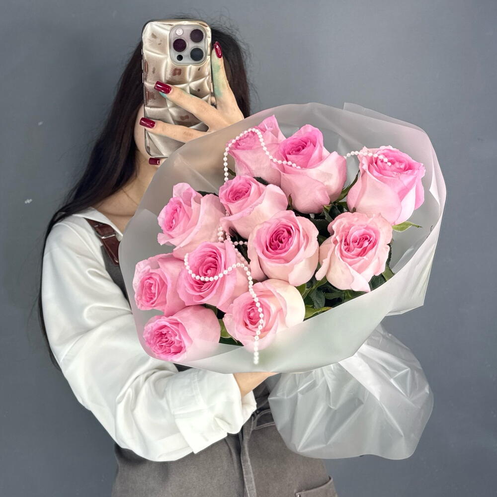Монобукет💕 с пионовидной розой Мандала 11 штук с бусами