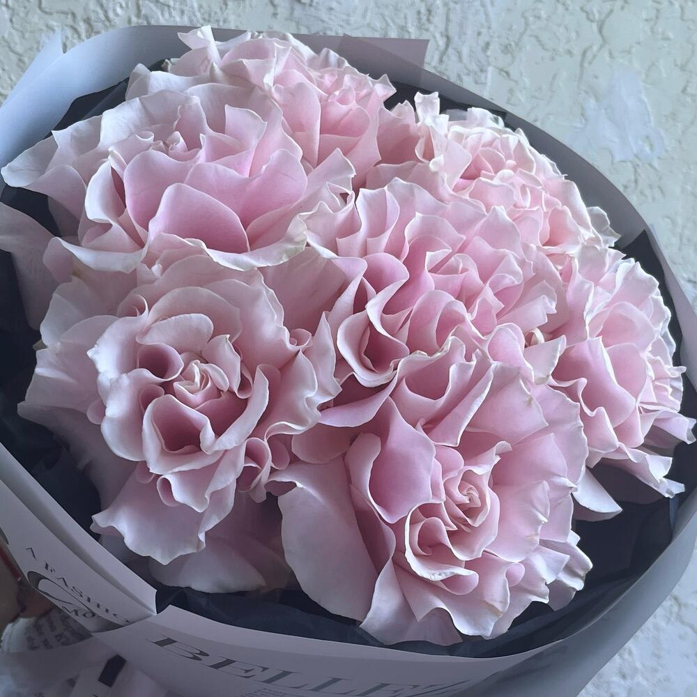 Монобукет из 7 розовых французских роз в стильной упаковке