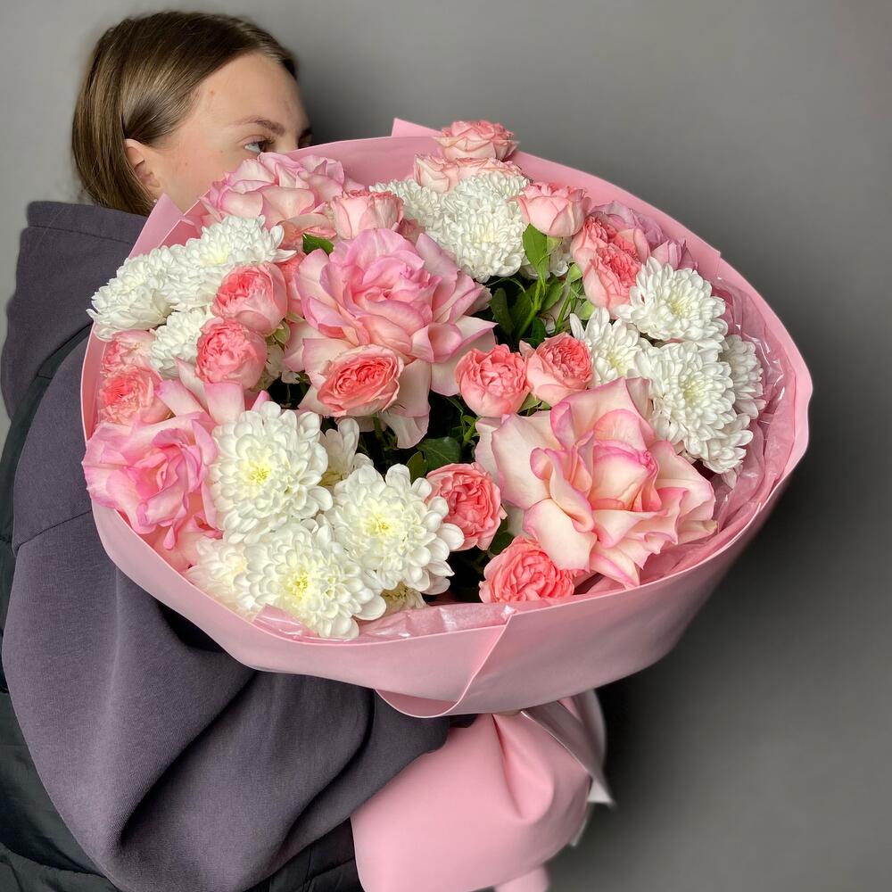 Букет 5916 l Пионовидные Кустовые Розы , Ажурные Розы , Махровые Хризантемы