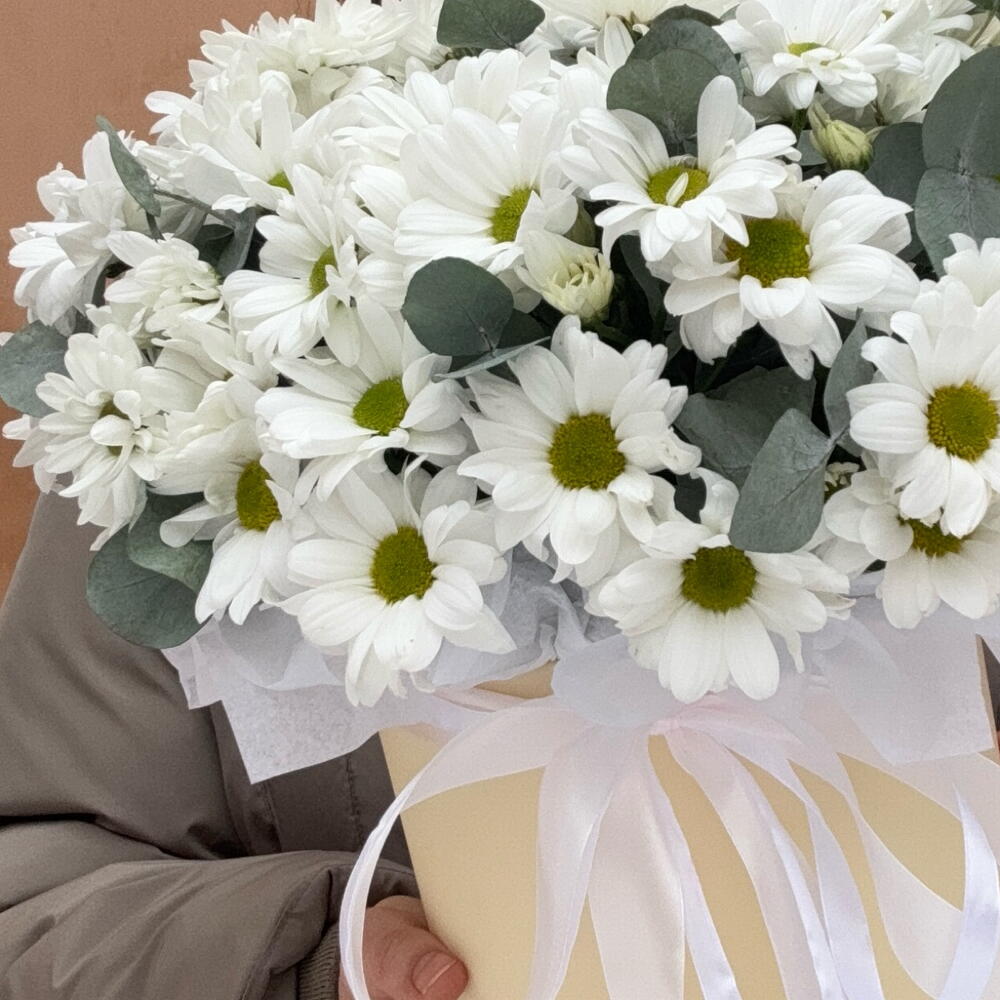 Ромашки в коробке с эвкалиптом