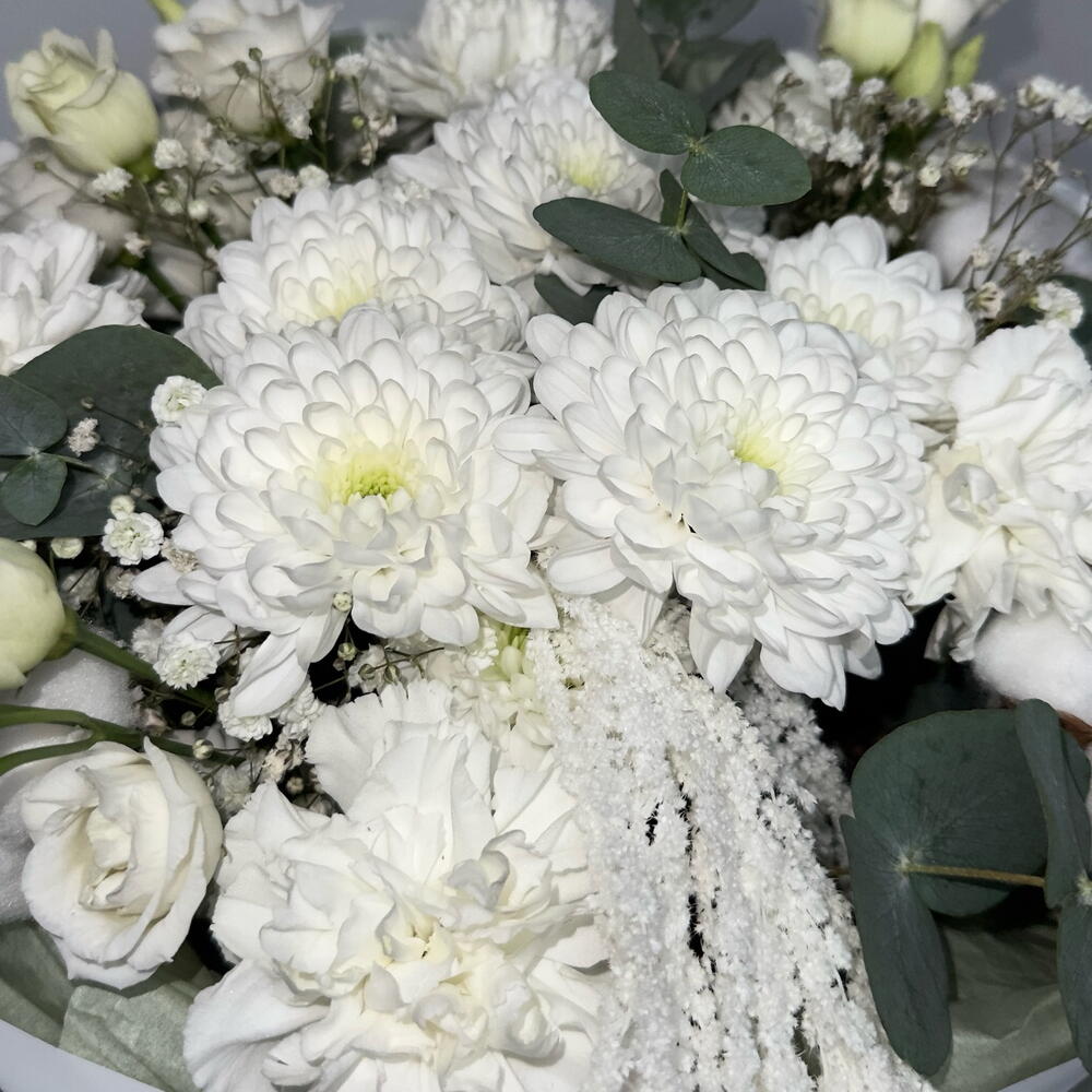 Bouquet of chrysanthemums, lisianthus, cotton and amaranthus with eucalyptus