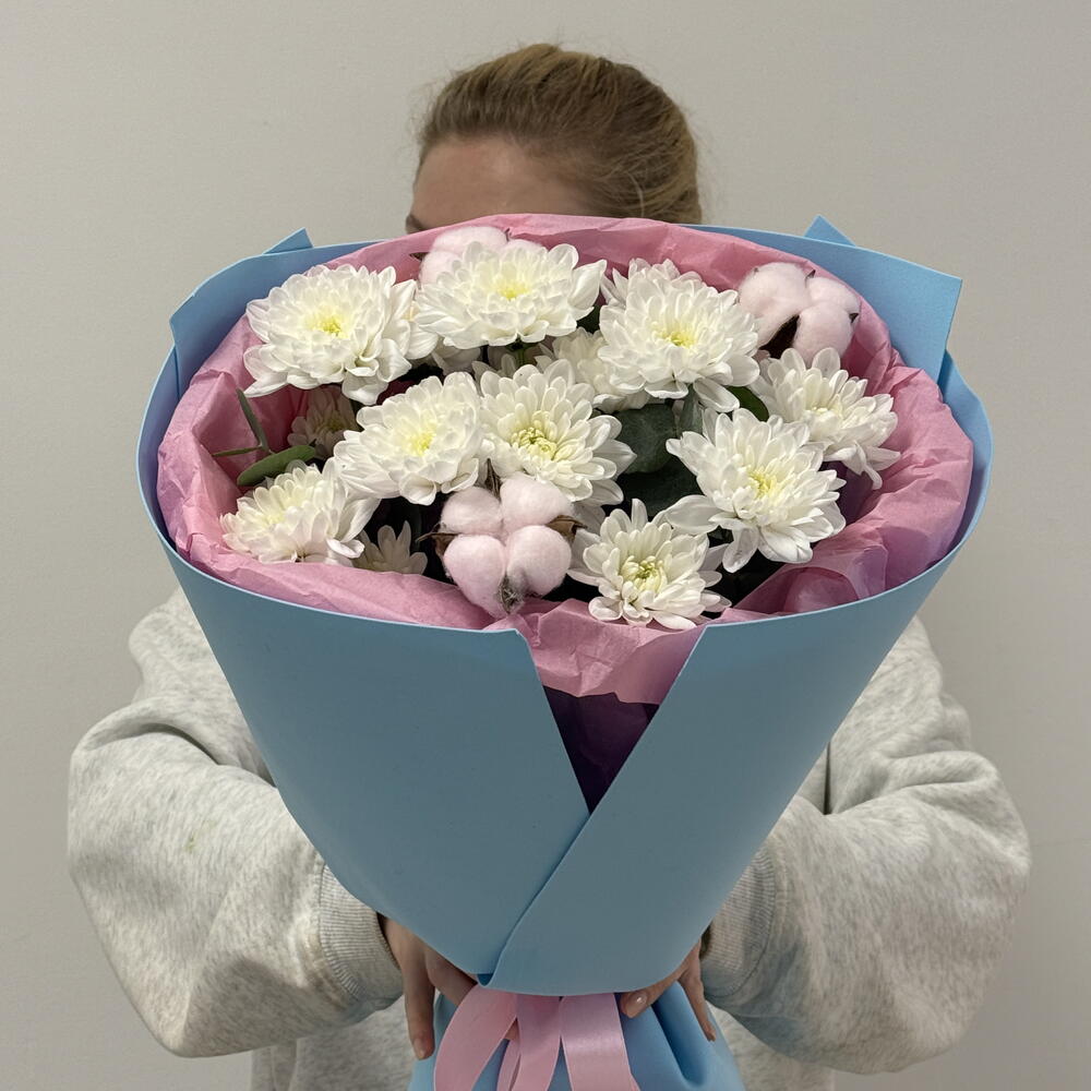 Букет 🌸 «Хлопковая сказка» кустовые хризантемы и хлопок 🎀