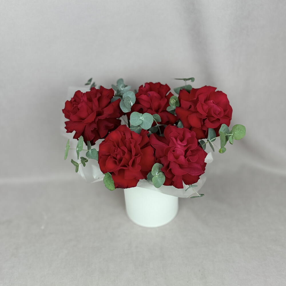 5 французских красных роз в шляпной коробке🌹