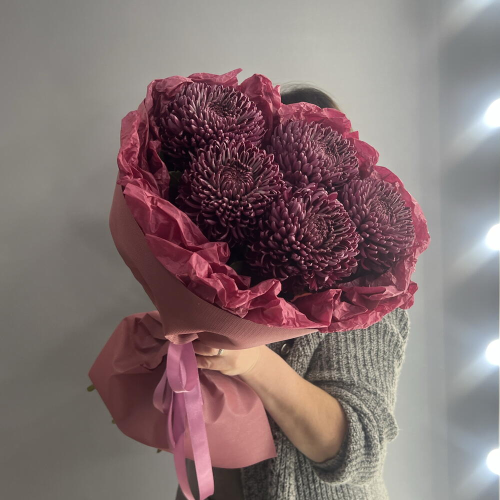 Монобукет изысканный 💜 хризантема одиночная Бигуди 💜💜💜 5 шт