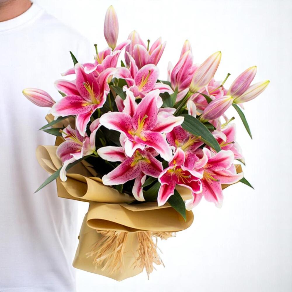 Pink Lily Bloom Bouquet – Fresh Oriental Lilies Wrapped in Rustic