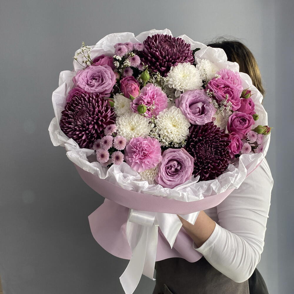 Букет королевский 👑👑👑 хризантема Бигуди 💜 ароматная Роза маритим 🌸 кустовая пионовидная Роза 🩷🩷🩷