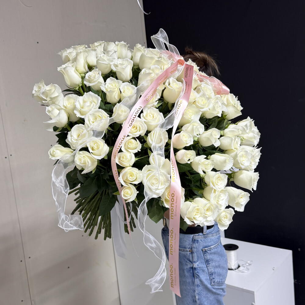 101 white roses with a ribbon