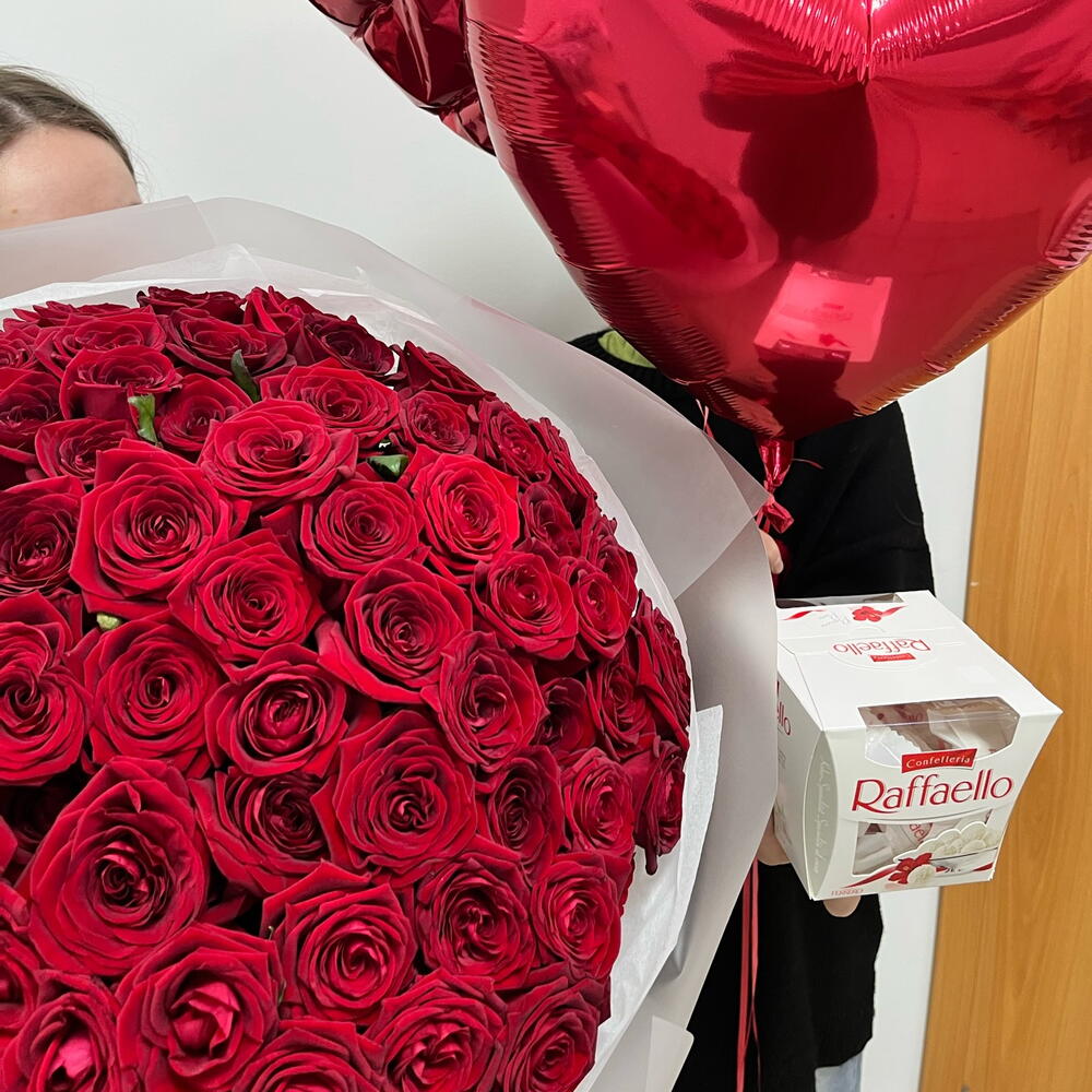 Акция ❗️❗️ Комбо XL 101 Роза 🌹 +  3 Шаров Сердце ♥️ + Raffaello 🍬