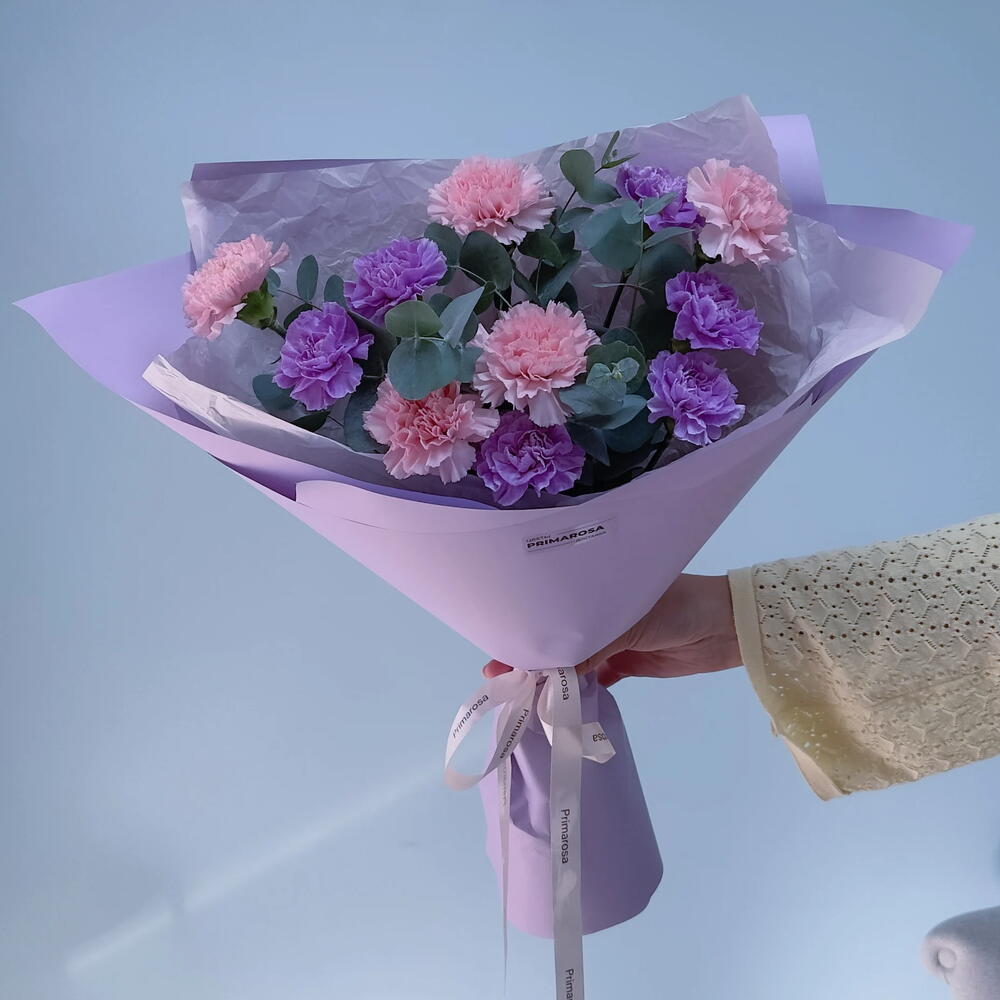 Букет из 11 диантусов микс с эвкалиптом «Лавандовый закат» 💜🌸 39915