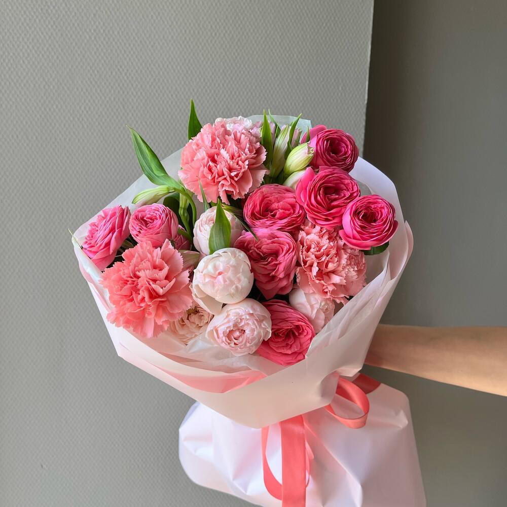 Author's bouquet with peony-shaped bush roses and dianthus