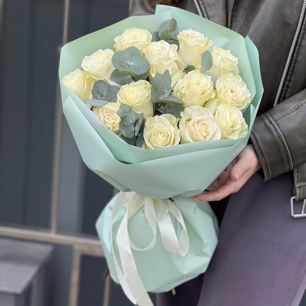 Snow White bouquet of 13 white roses and eucalyptus
