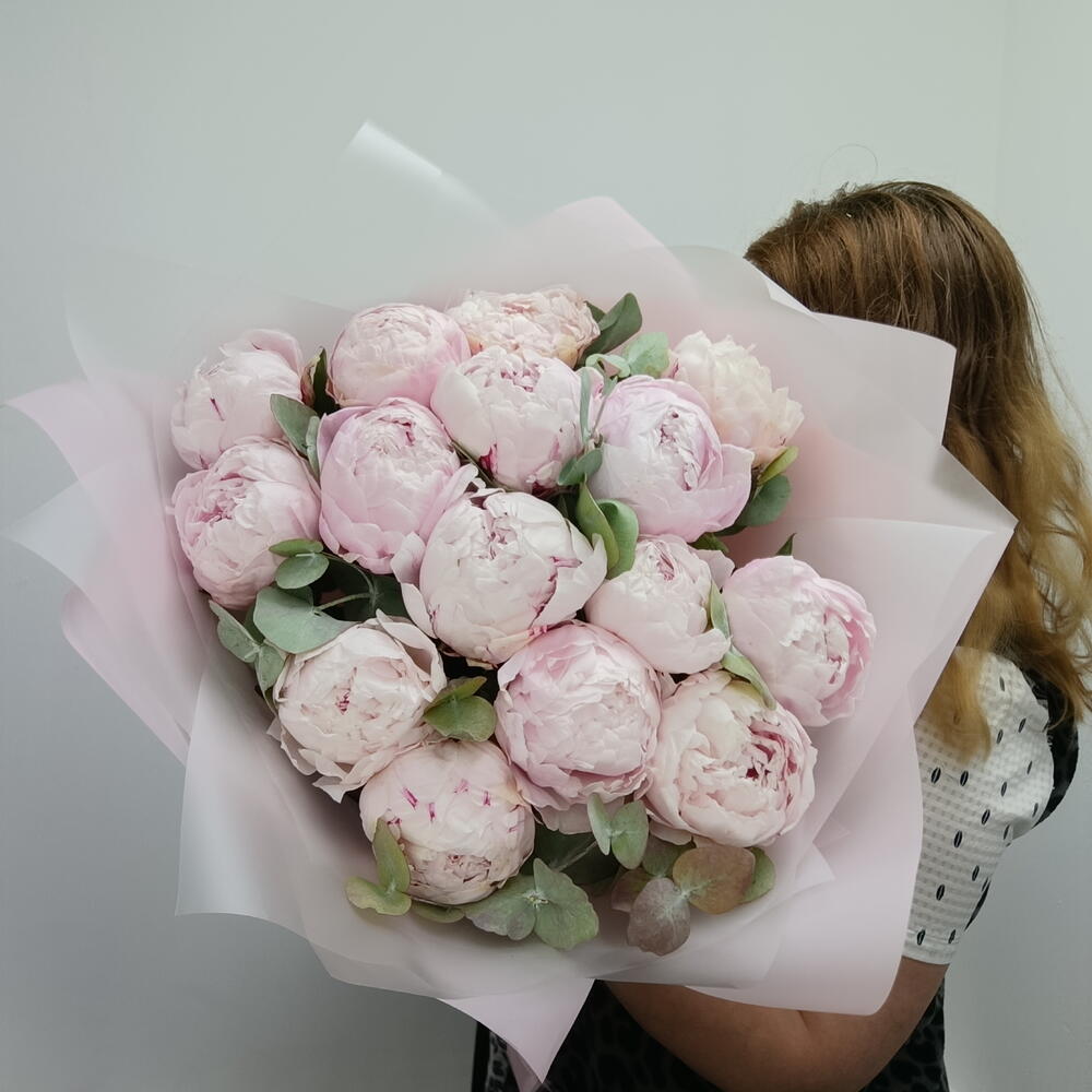 Букет 15 ароматных крупных пионов с эвкалиптом 0546778