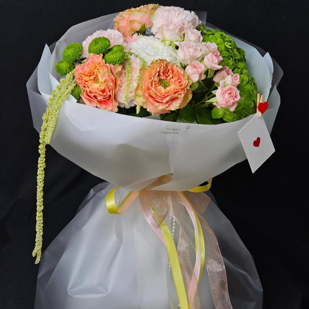 💚New Collection, Букет из ярких роз, кустовые роз Бомбастик, хризантем, гортензии с амарантом, Яркий дофаминовый букет, осенний