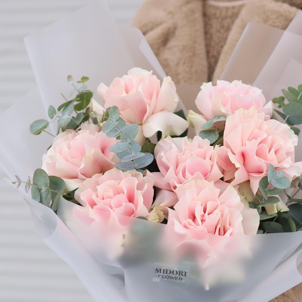 Букет французских розовых роз с эвкалиптом 7 🌸Для мамы в День матери
