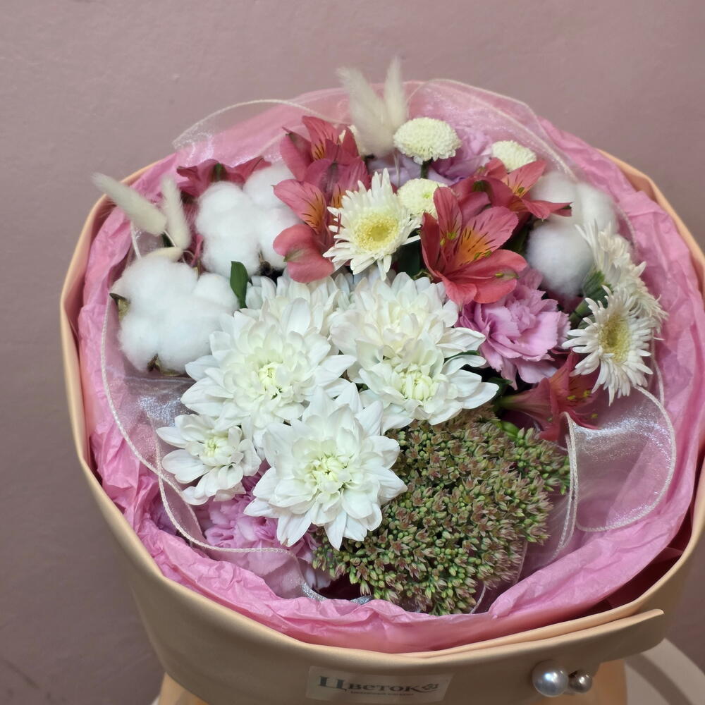 Букеты с хризантемой, альстромерией, гвоздикой (диантусом), хлопоком, гербарий, седьмом