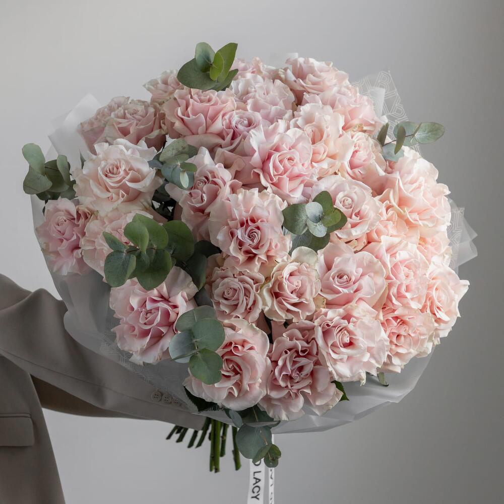 Mono bouquet of French Pink Mondial roses with eucalyptus
