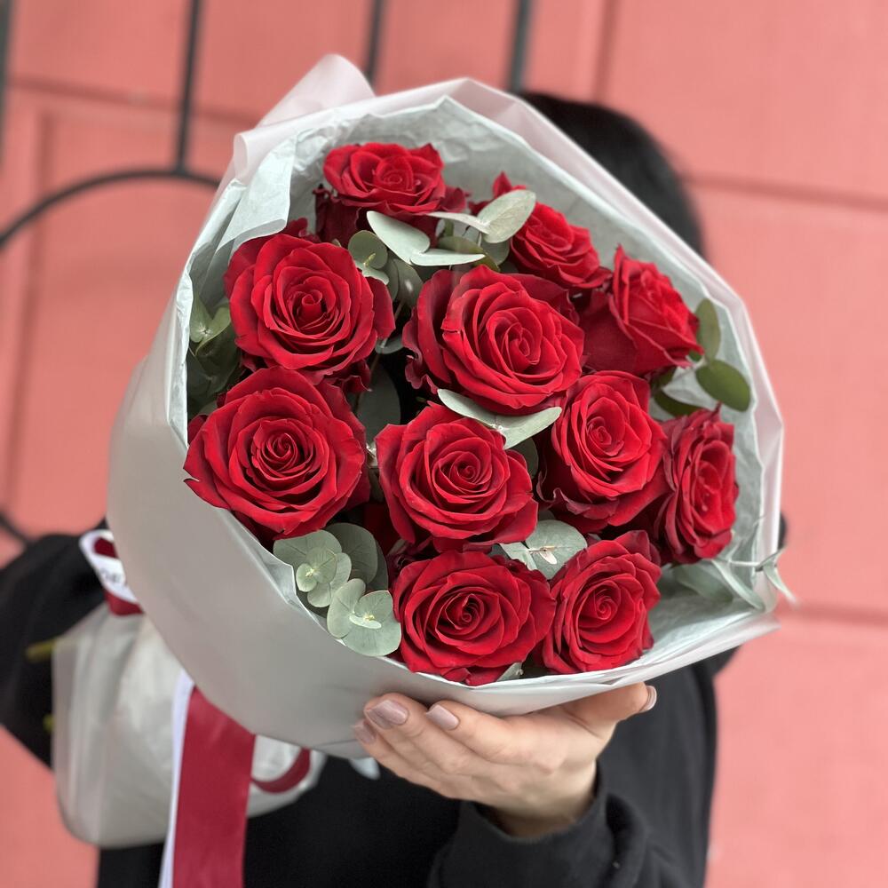 11 red roses with eucalyptus