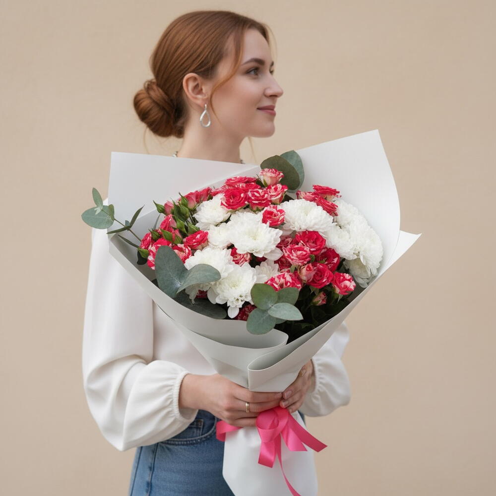 Букет хризантема и кустовая Роза