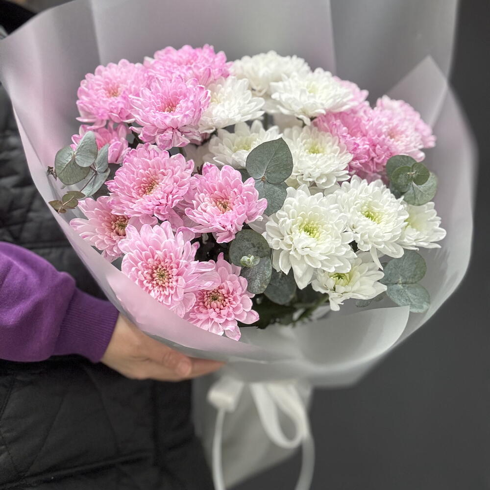 Стильный букет 🌿хризантема розовая белая и эвкалипт
