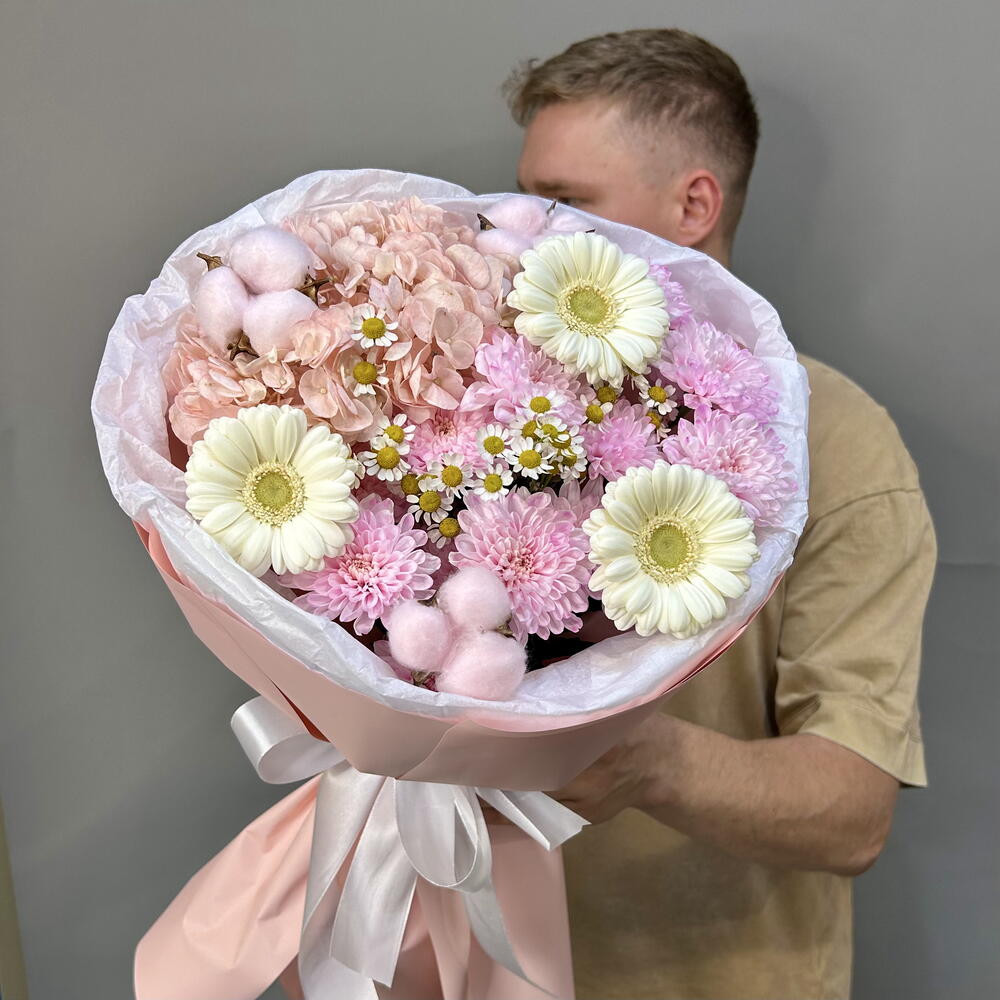 Букет «Вторая весна💕» с гортензией, герберой, ромашкой, хризантемой , хлопком