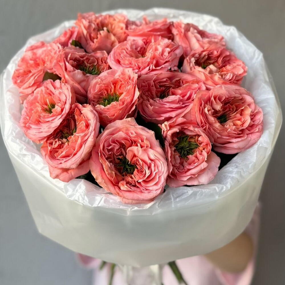 Монобукет   «Апельсиновый ритм 🍊» из пион роз сорта Мандарин в матовой упаковке 💐