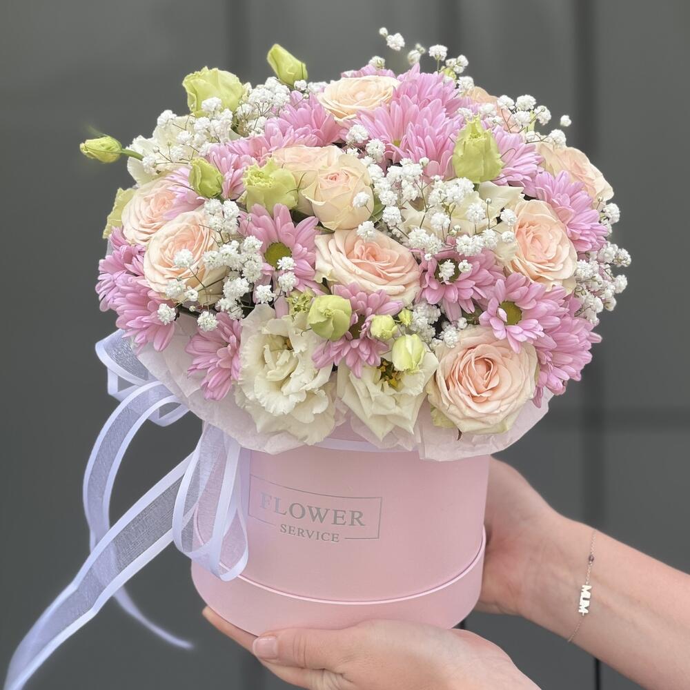 Box Flower meadow made of chrysanthemum, bush rose and eustoma