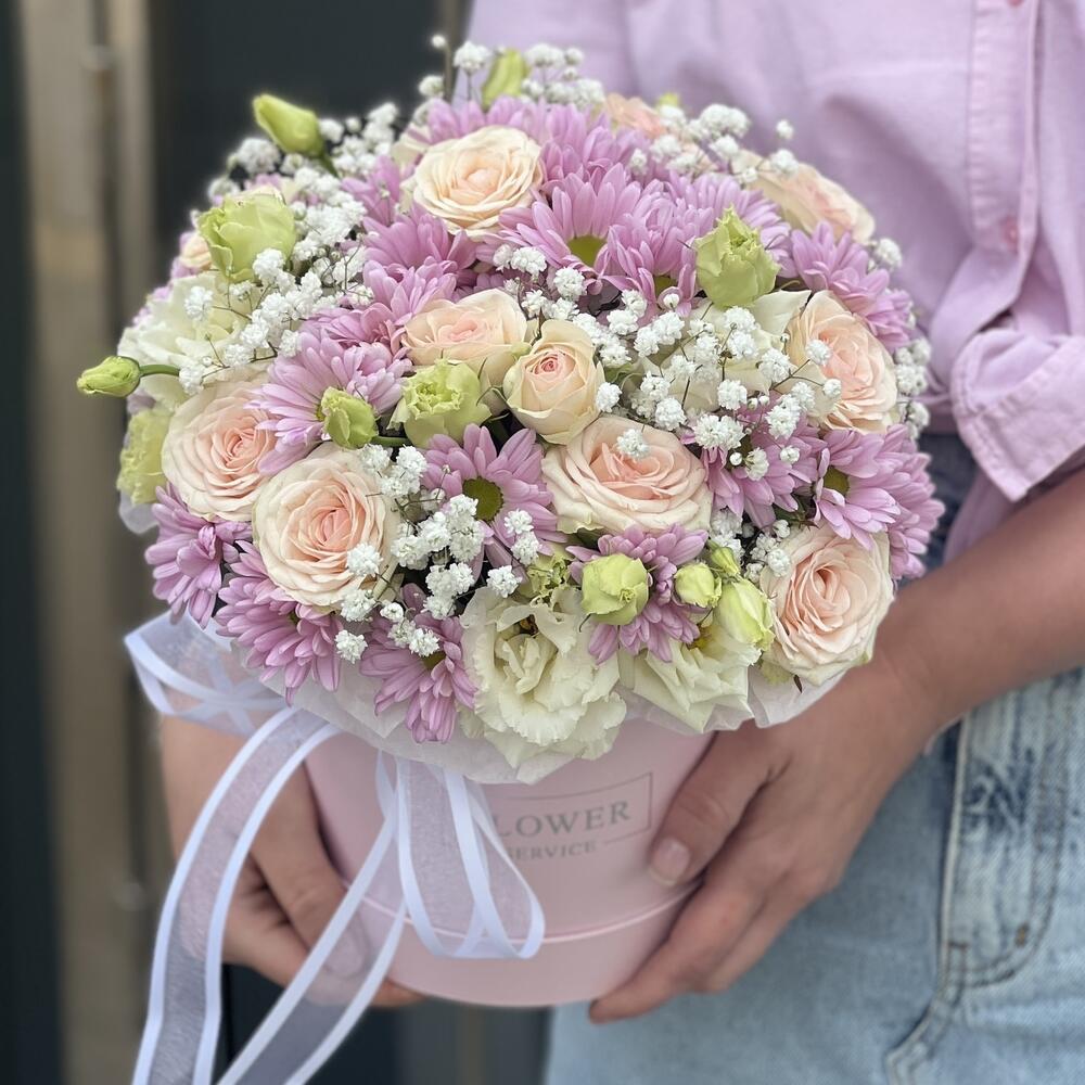 Box Flower meadow made of chrysanthemum, bush rose and eustoma