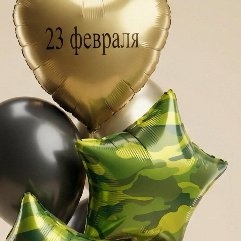 Воздушные шары на 23 февраля, золотые, черные шары, сердце с надписью, звезды камуфляж