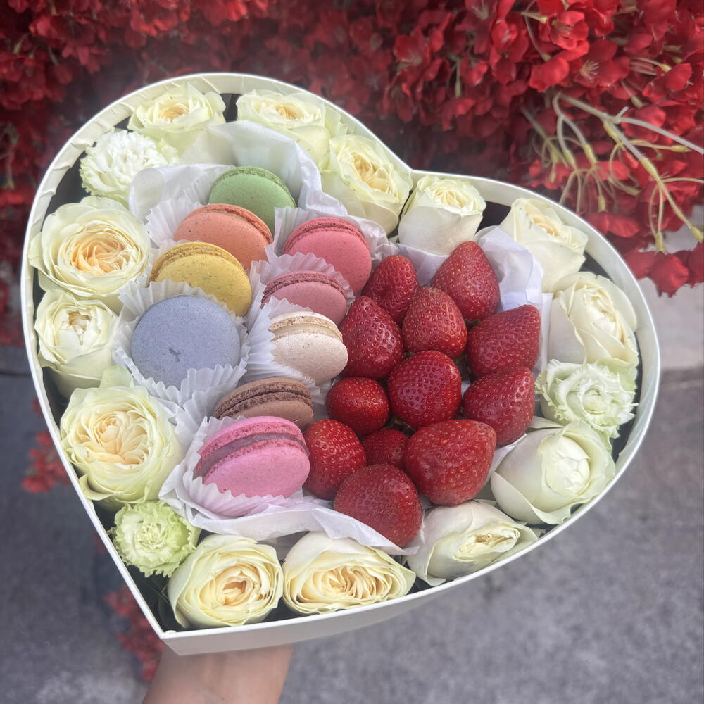 Flowers + strawberries + macarons