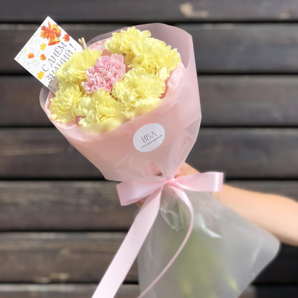 Розовый букет-комплимент «Ромашка» из диантусов к 1 сентября 🌼