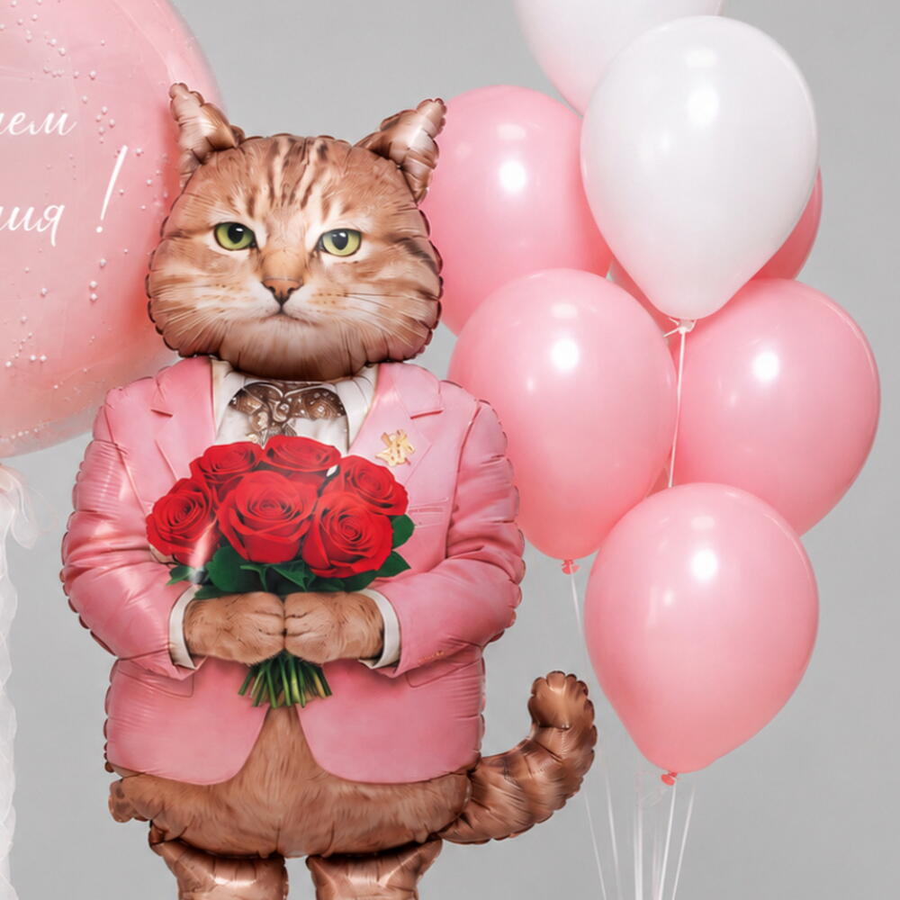Набор воздушных шаров «Кот с букетом» 🌹🎈