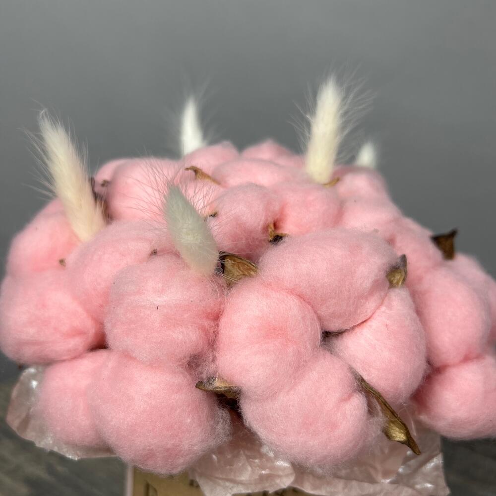 Кашпо с розовым хлопком и молочным лагурусом