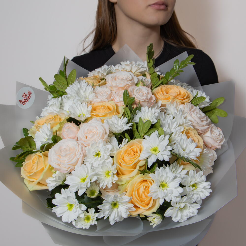 Букет Солнечный блик, M / роза, роза куст., хризантема куст