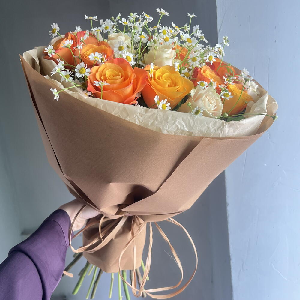 Розы и Ромашки «Карамельный» букет
