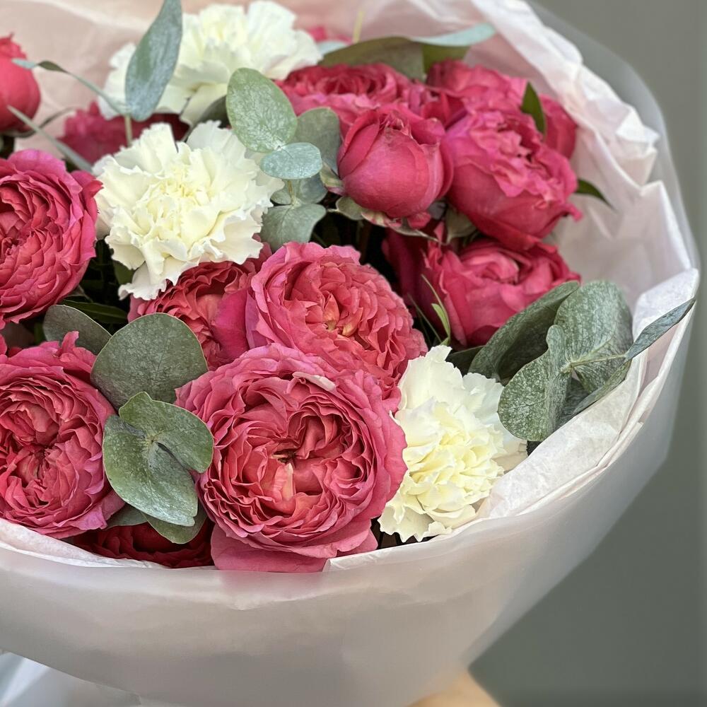 Bouquet of Lilac from bush peony roses and dianthus