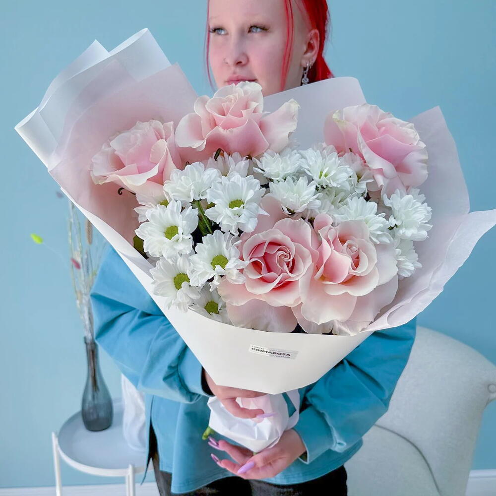 Букет из французских роз и хризантем «Нежное утро» 🌸🤍 38361