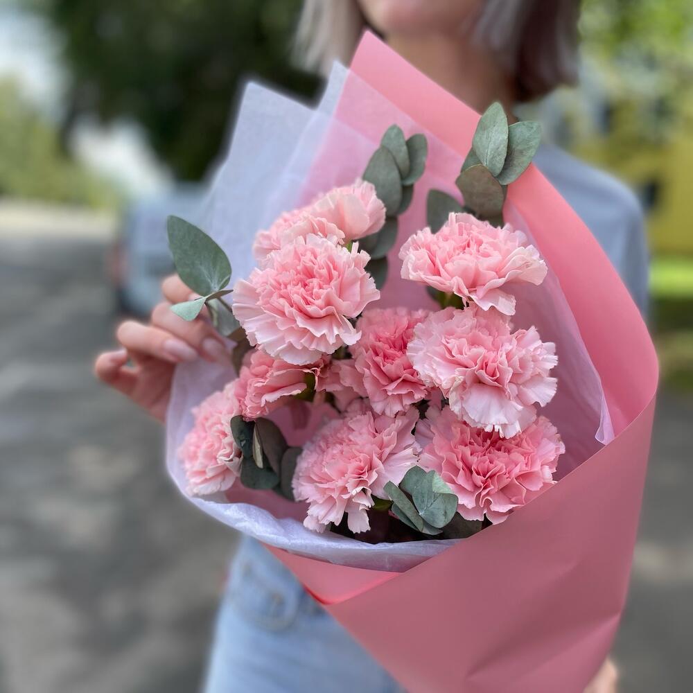 Букет из 9 розовых диантусов (гвоздик) и эвкалипта