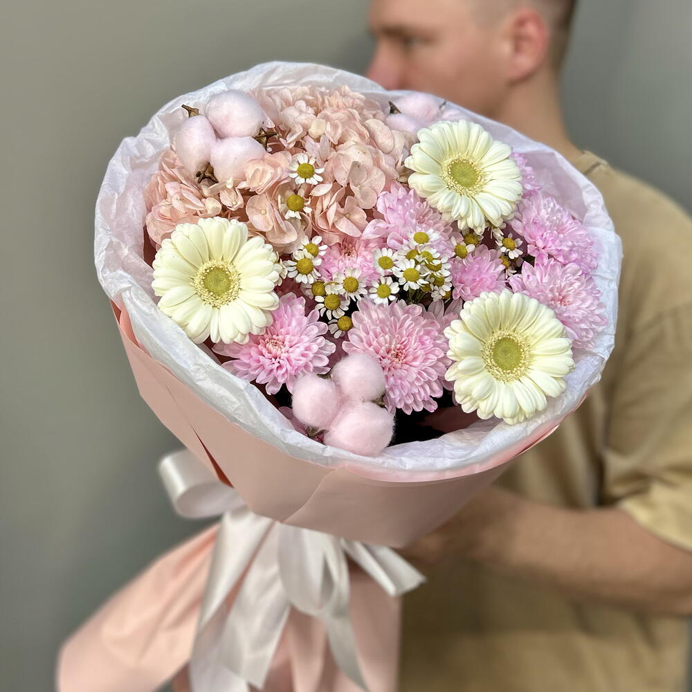 Букет «Вторая весна💕» с гортензией, герберой, ромашкой, хризантемой , хлопком