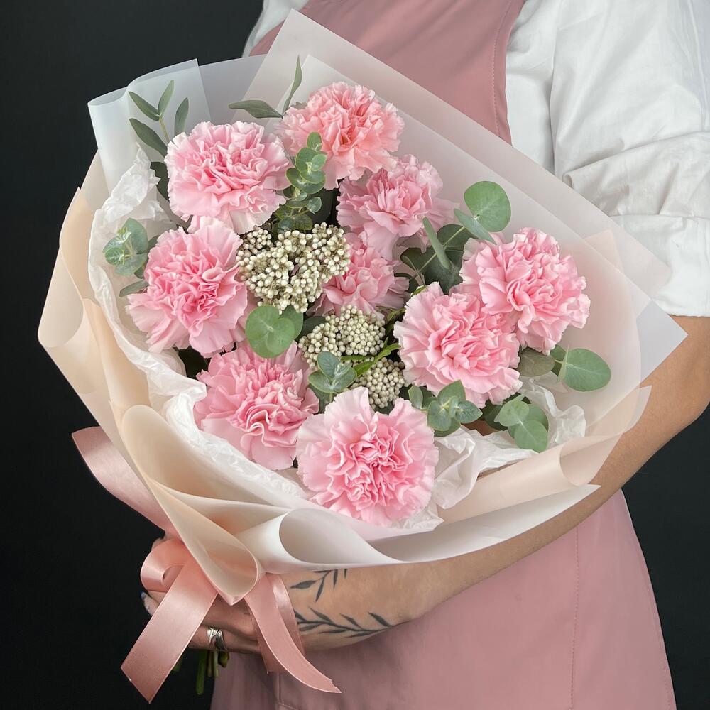 Букет цветов. Розовые Диантусы 9 шт и Озотамнус