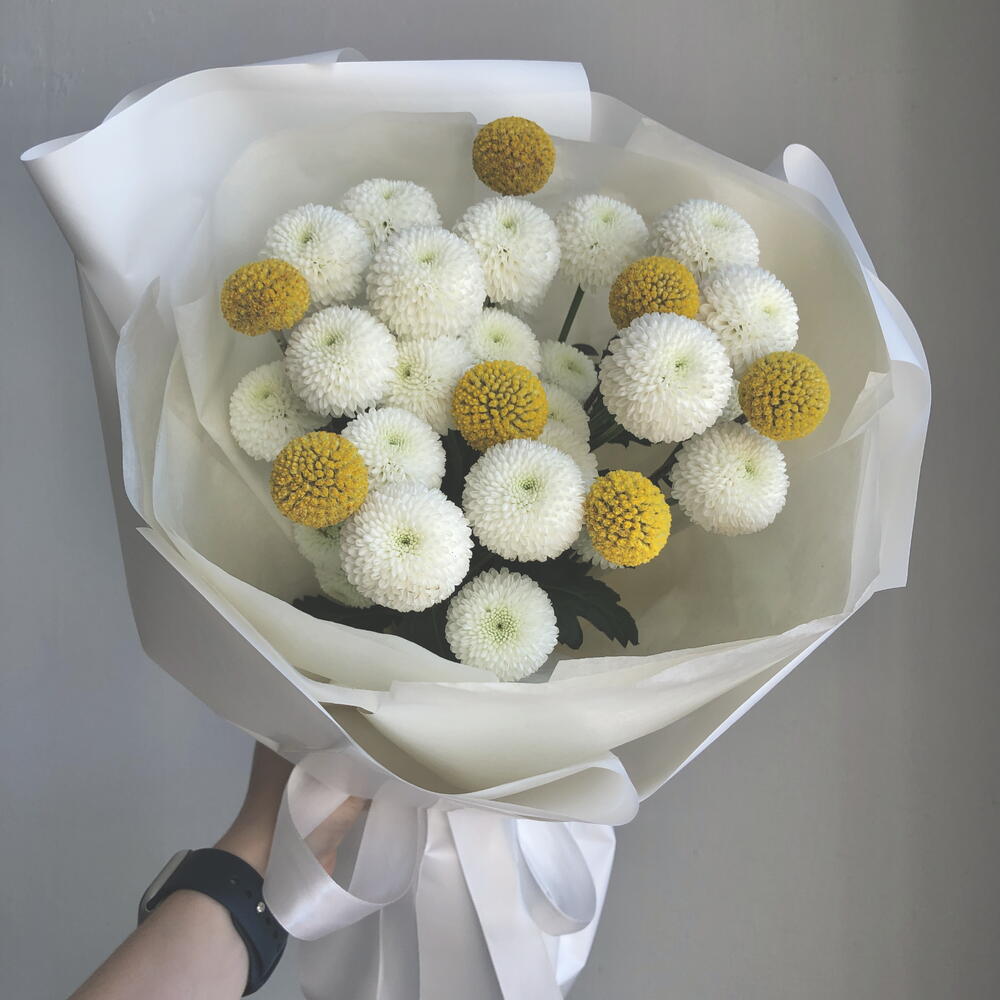 Букет с хризантемой и краспедией N 904 + подарок от Vivienne Sabo — румяна MACARON