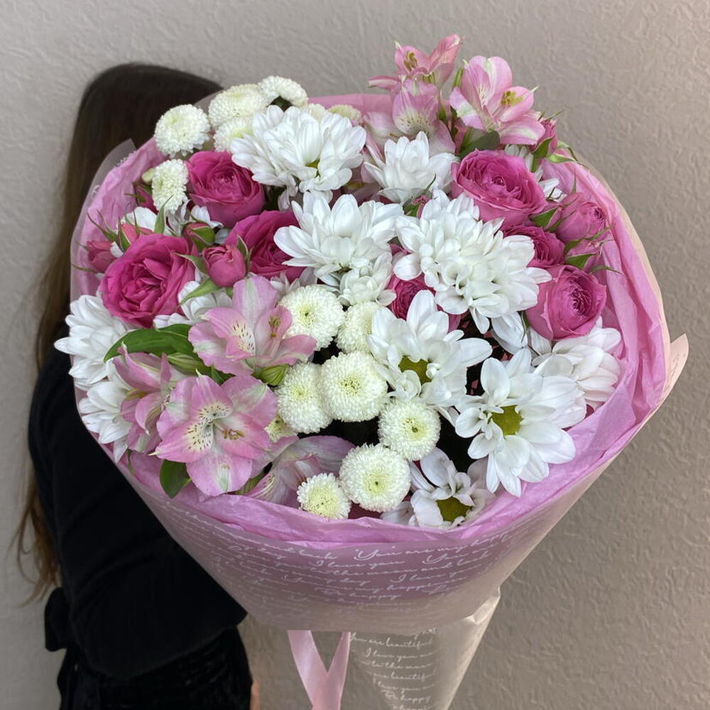 Письмо любимой 🌸💗 Сборный букет из ромашки, альстромерии и кустовой розы